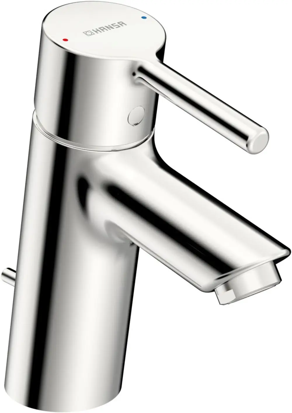 Waschtischarmatur in Chromfinish mit einem Pinhebel für Temperatur- und Mengenregulierung. Markenlogo "HANSA" sichtbar.